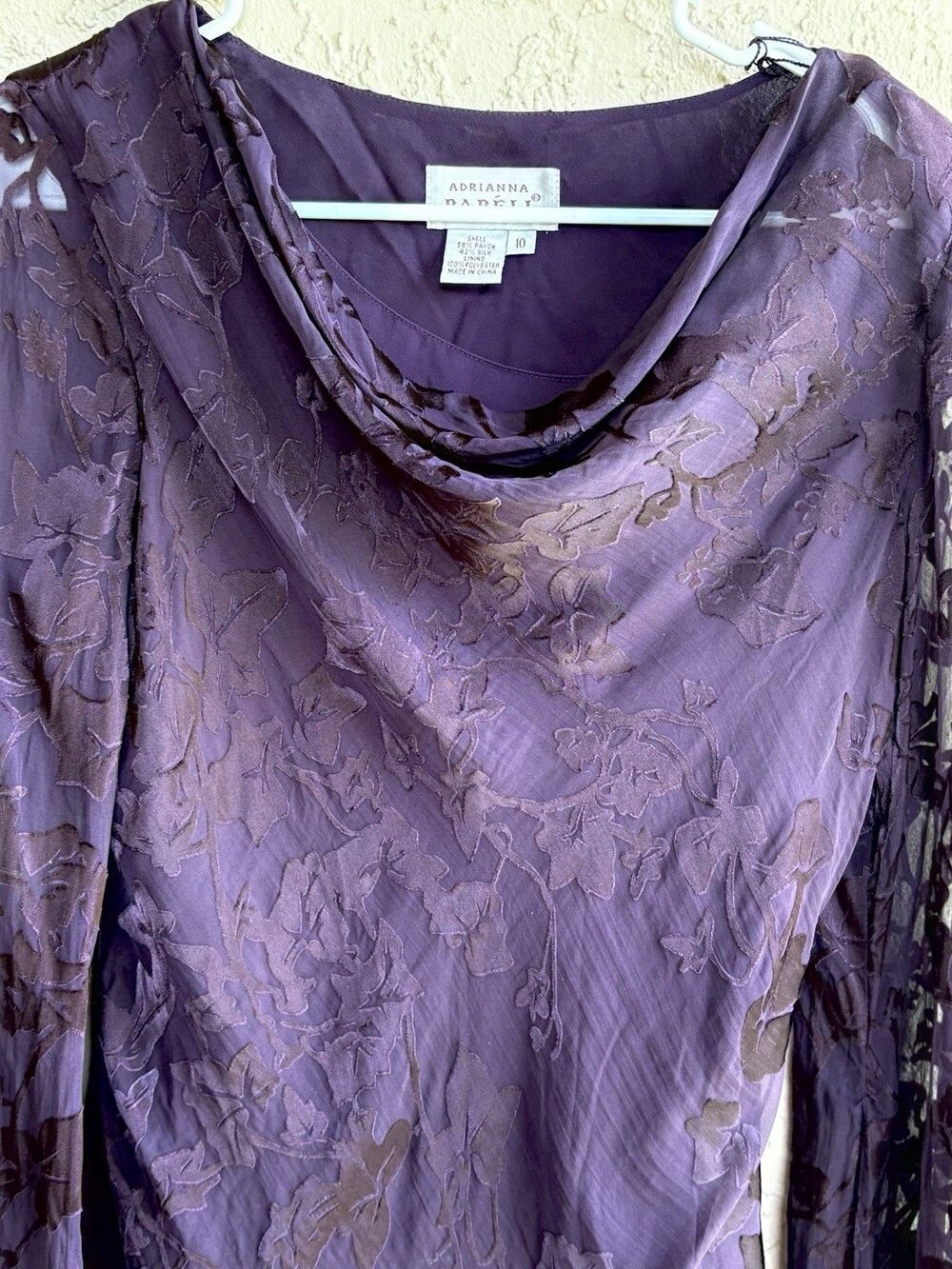 Adrianna Papell Women’s Purple Cowl Neck Silk Blend Lined Sheer  Blouse Sz 10